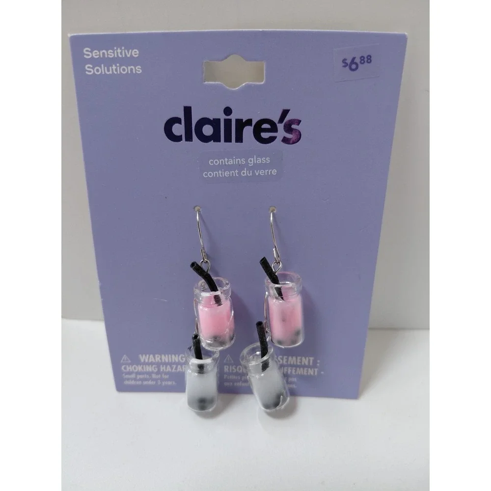 Claire's Girls 2 Pair of Boba Tea‎ Drop Earrings Pink & White SO CUTE!